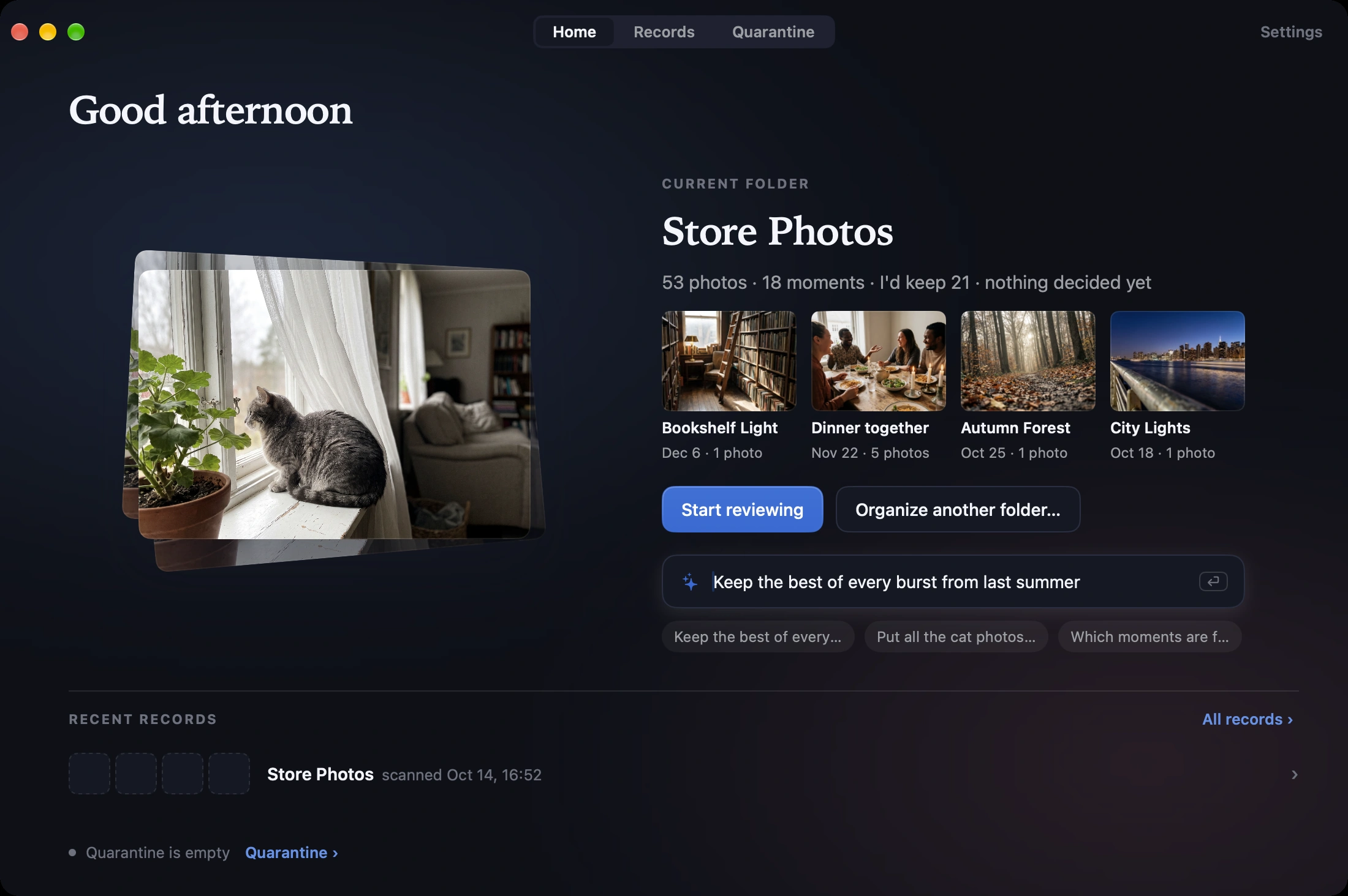 StillSet’s Home page: the current folder with 53 photos in 18 moments, its first four moments, a Start reviewing button and the sentence box.