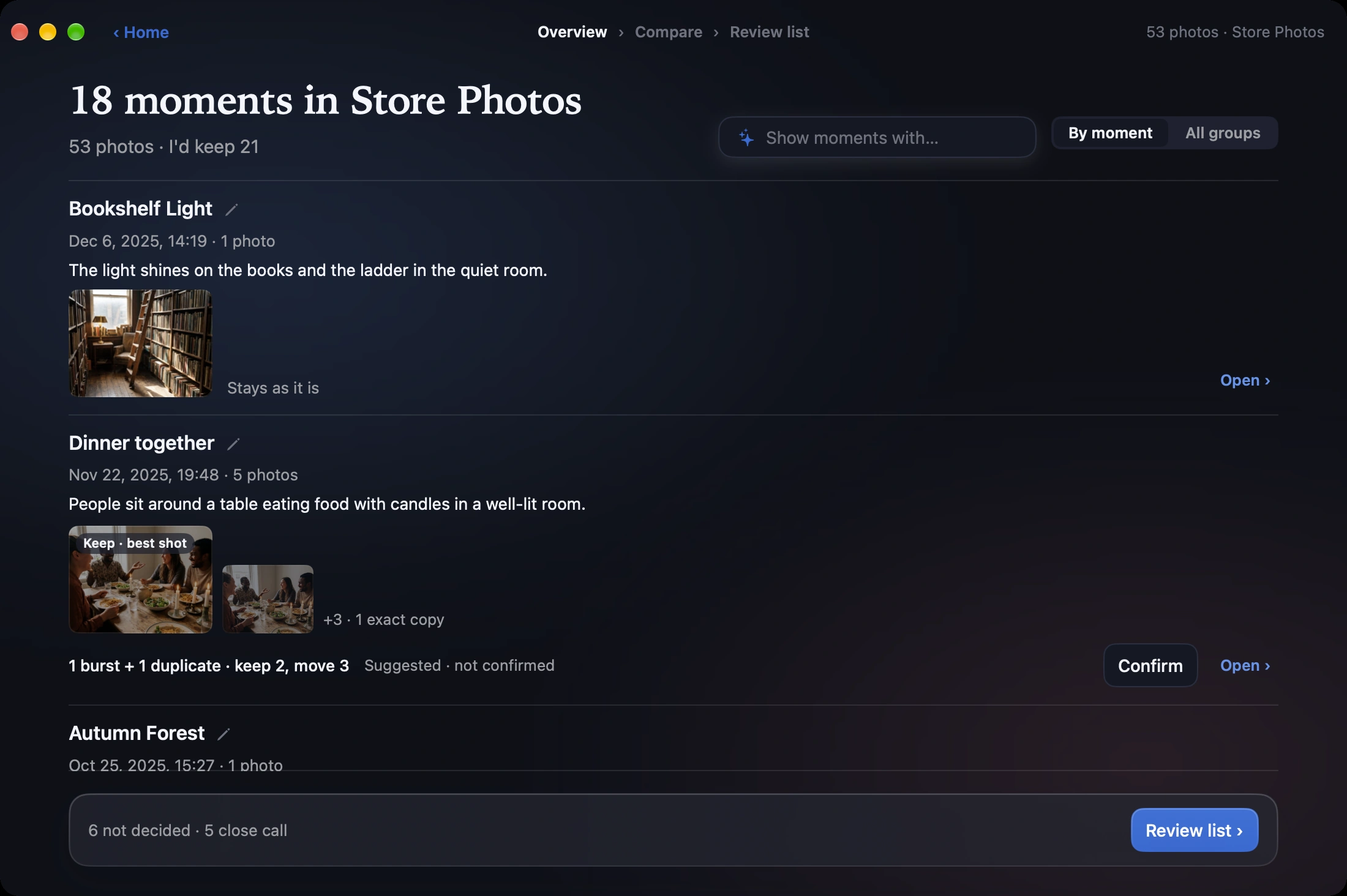 Overview page: 18 moments in a folder, each with a name, date, a one-line description and its photos.