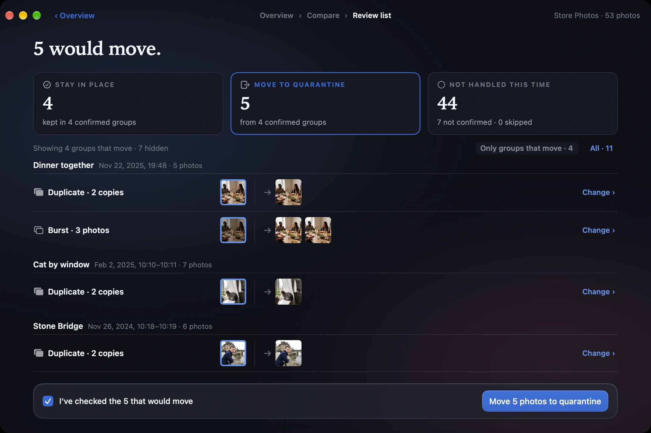 Review list page: 4 photos stay in place, 5 move to quarantine, each group listed, with a checkbox to confirm before moving.